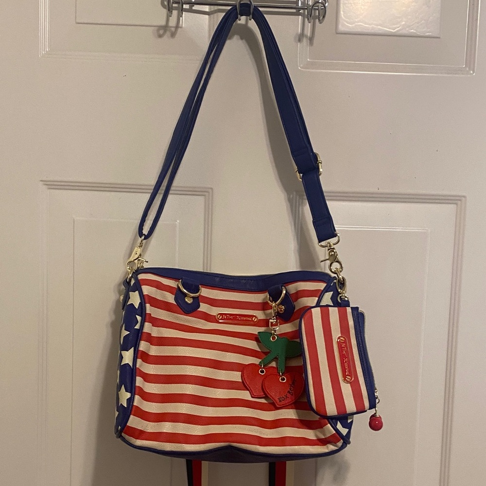 Betsey Johnson Red and White Striped Shoulder Bag with Blue Accents